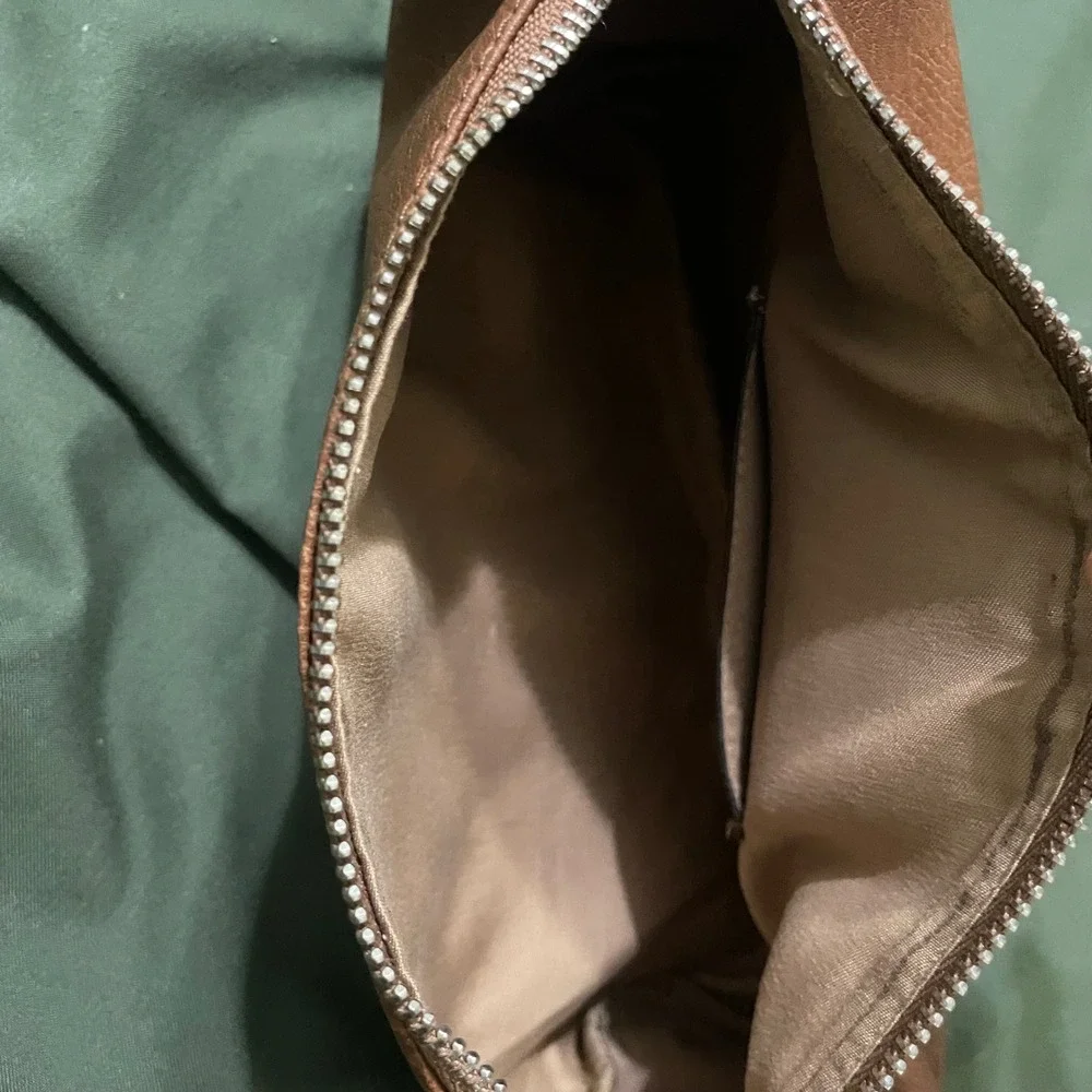Unisex Brown Faux Leather Zippered Travel Pouch Toiletry Makeup Cosmetic Vegan